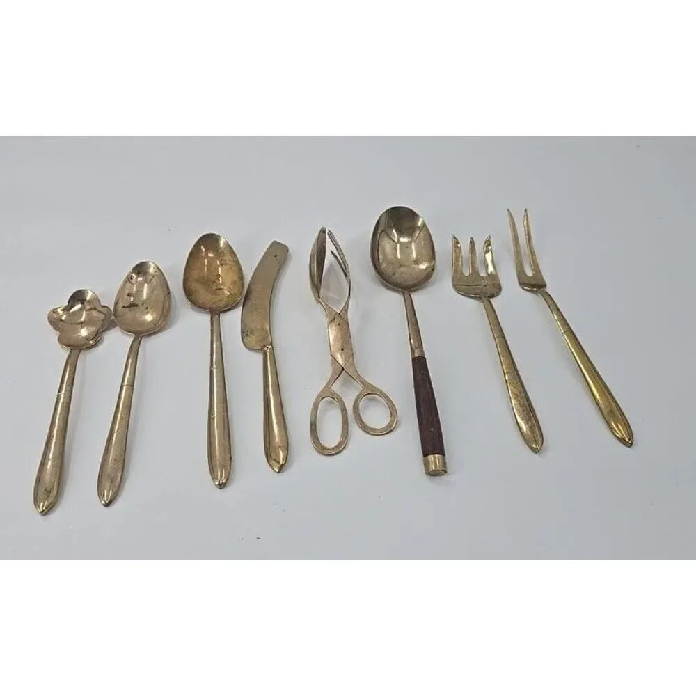 8 Pc Vintage  Piece Flatware Serving‎ Set THAILAND Bronze & Wood